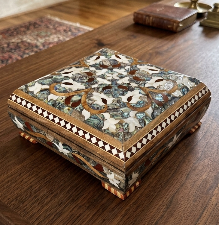 Handcrafted Wooden Box with White & Green Sea Shell Inlay (25x25 cm)
