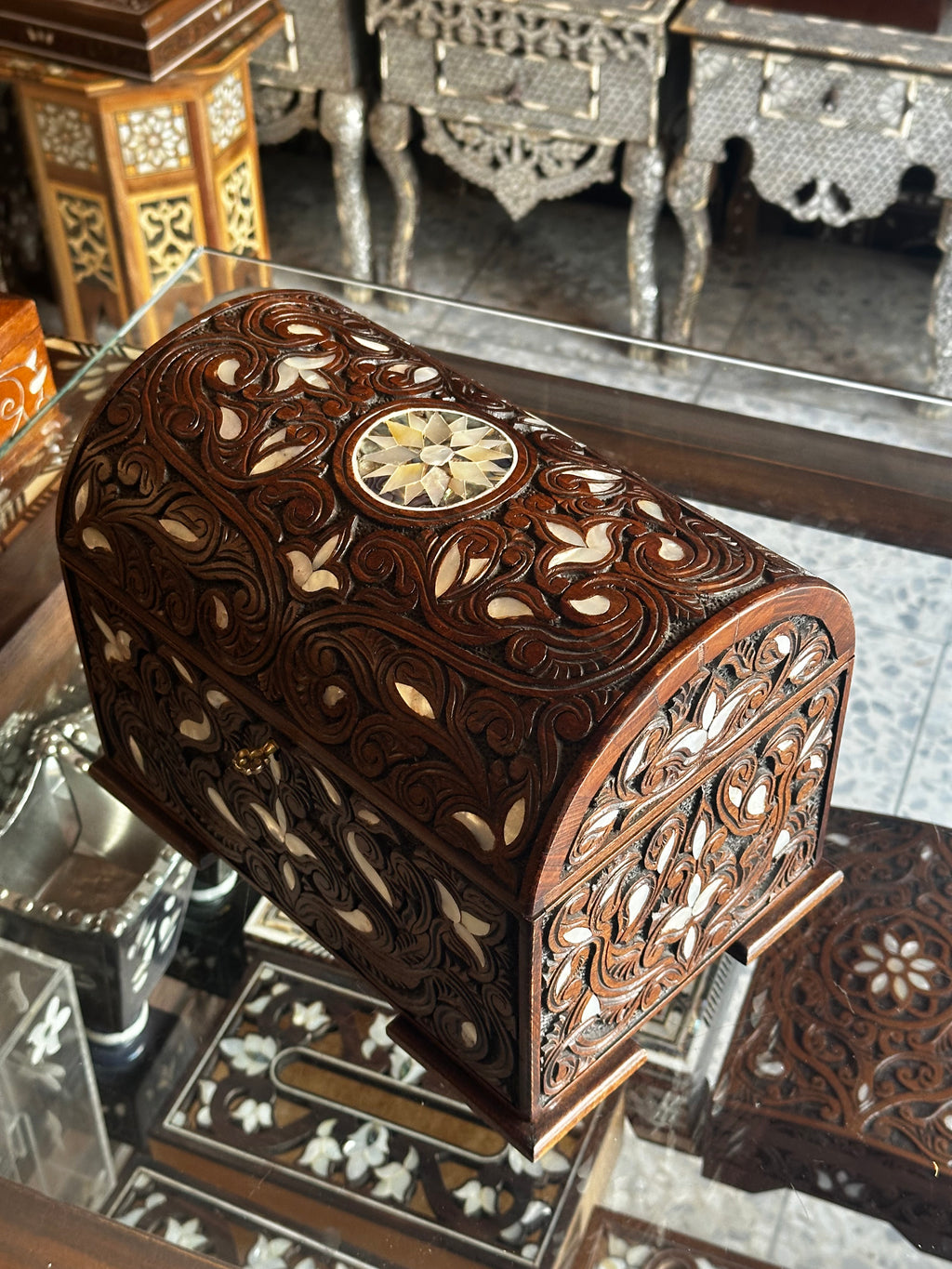 Handcrafted Syrian Walnut Box with Fatimid Carving, Mother-of-Pearl & Brocade