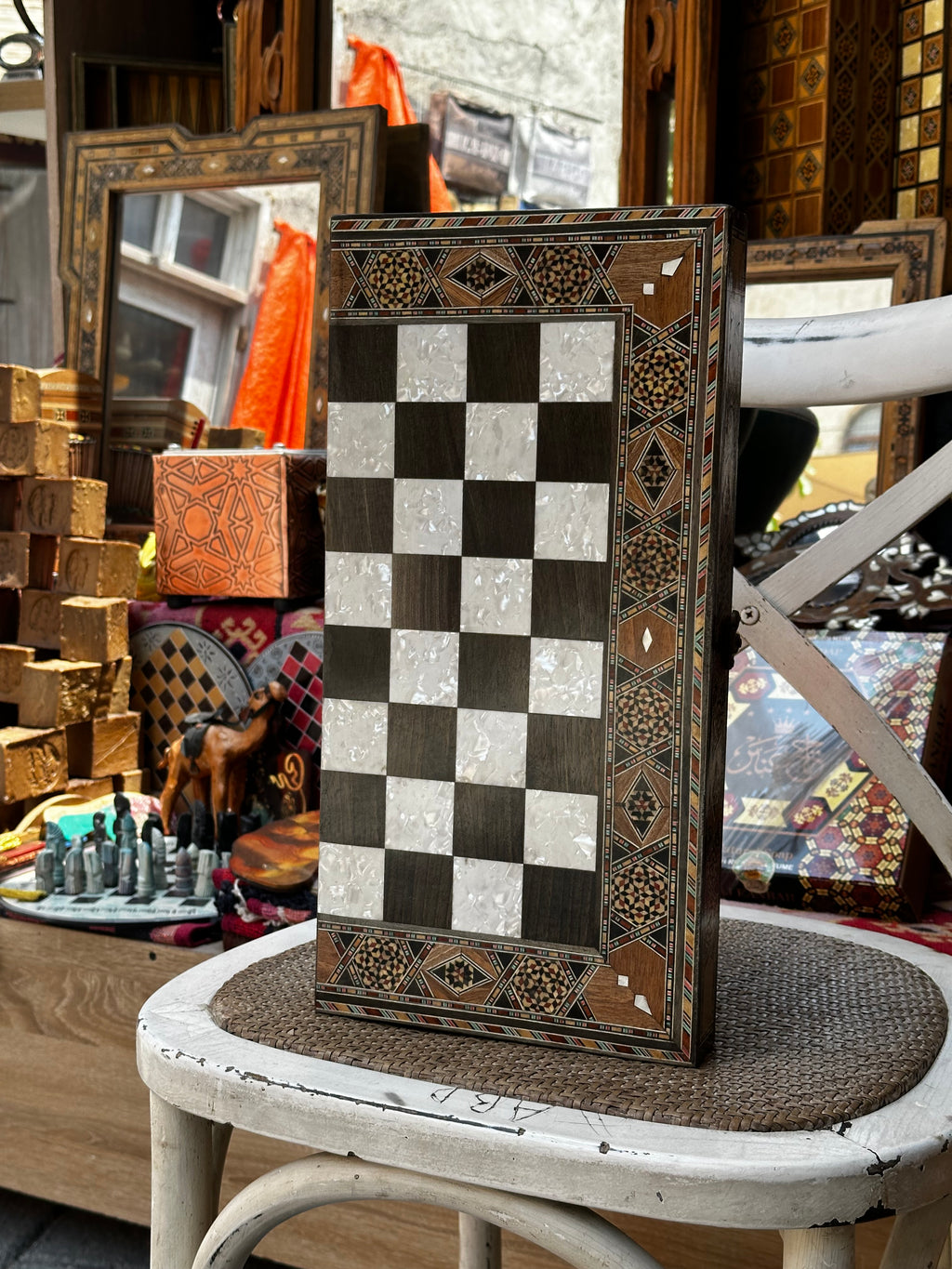 Damascene Mosaic Chess & Backgammon Table – 40 × 40 cm