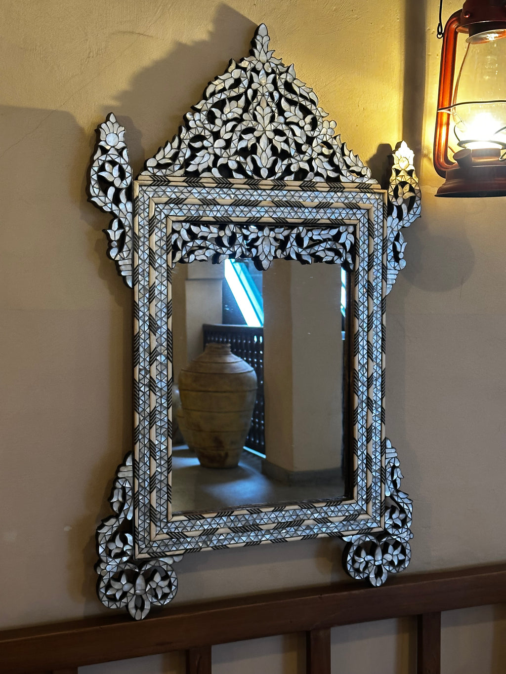 Syrian Mother-of-Pearl Mirror – Walnut Wood & Tin Inlay
