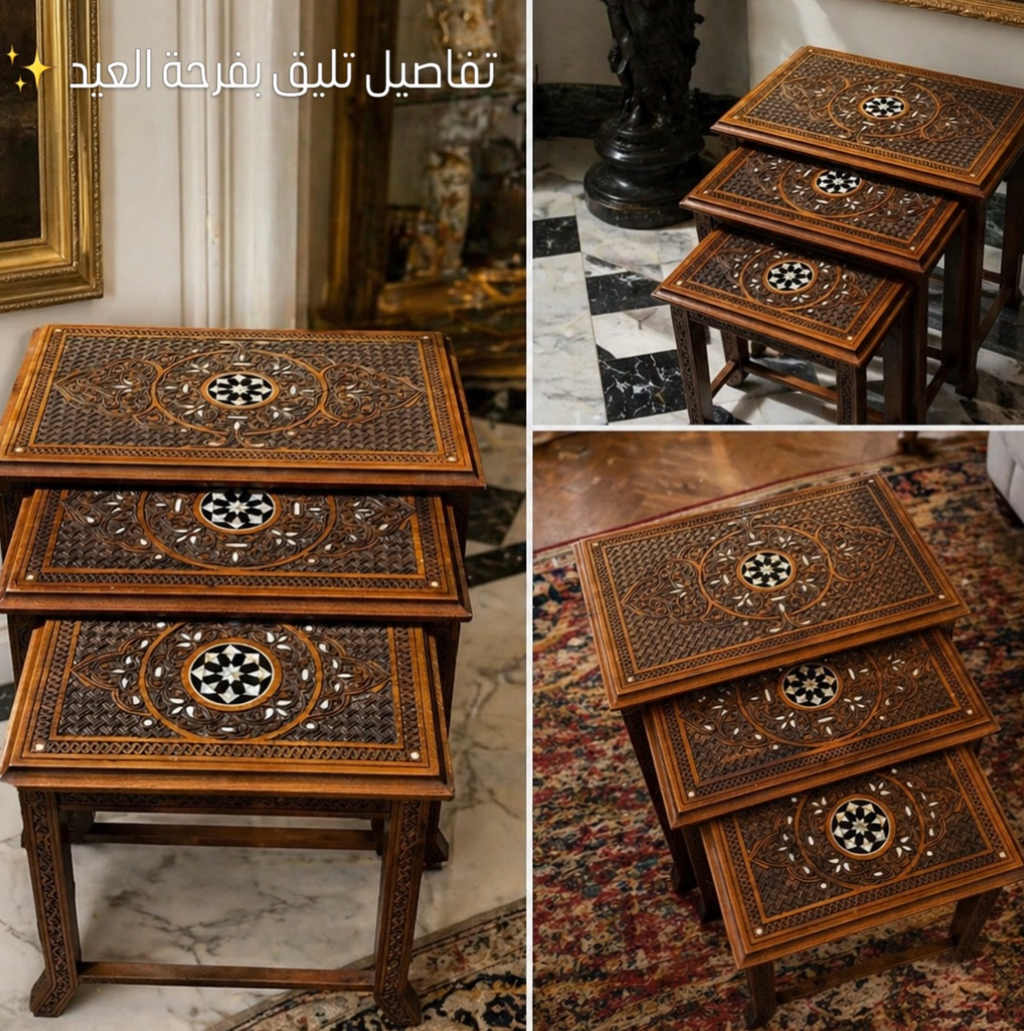 Naqsh & Sadaf – Handmade Beech Wood Tea Table Set with Mother of Pear