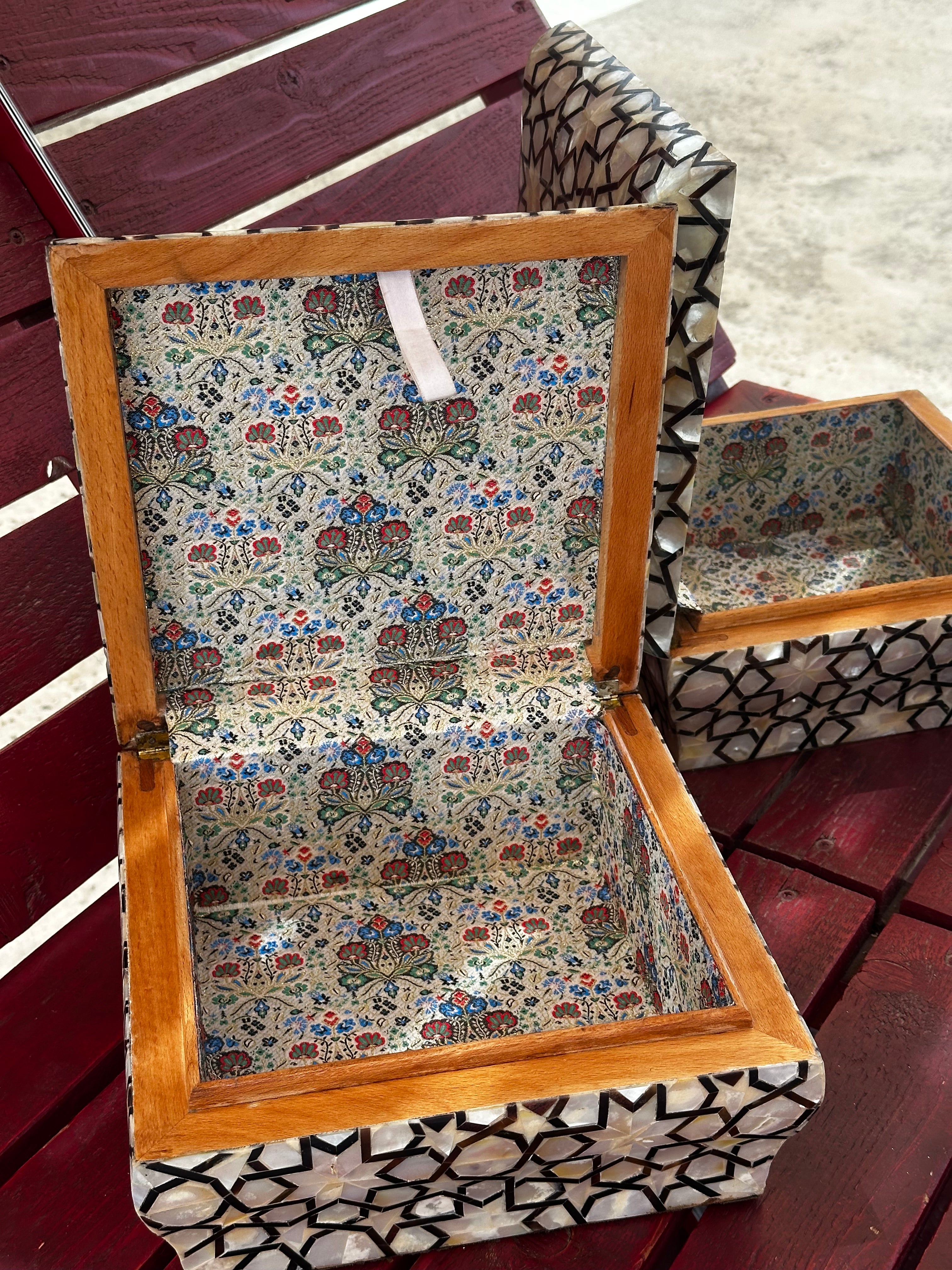 Handmade Jewelry Box – white and black  Mother of Pearl ; Damask Brocade
