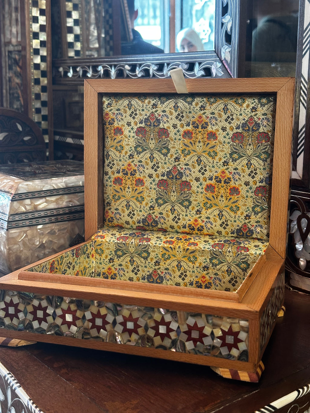 Syrian Walnut Wood & Brocade Box check availability by WhatsApp +971 56 432 2880
