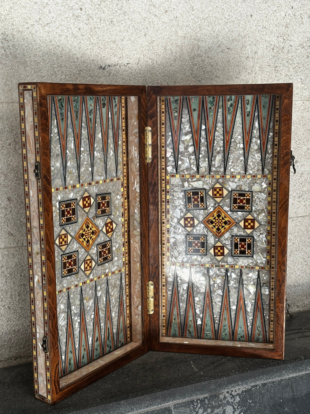 Full mother-of-pearl backgammon & chessboard check availability by Whatsapp +971 56 432 2880