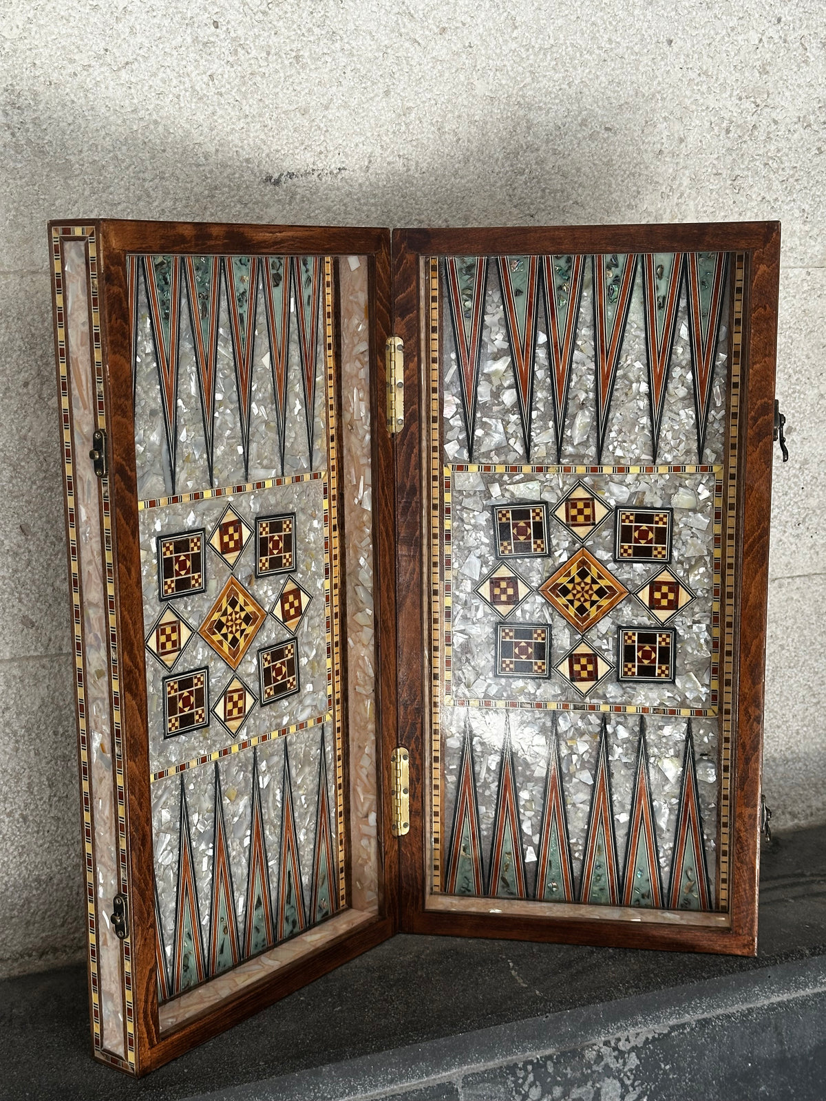 Full mother-of-pearl backgammon & chessboard check availability by Whatsapp +971 56 432 2880