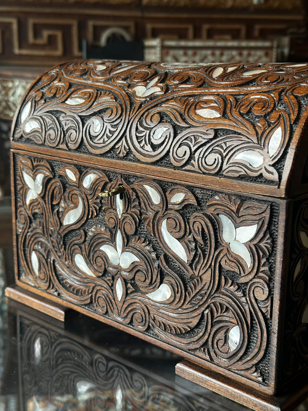 Handcrafted Syrian Walnut Box with Fatimid Carving, Mother-of-Pearl & Brocade