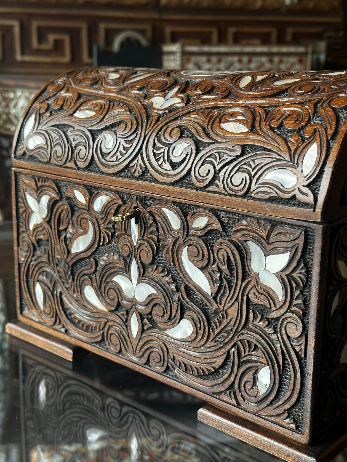 Handcrafted Syrian Walnut Box with Fatimid Carving, Mother-of-Pearl & Brocade