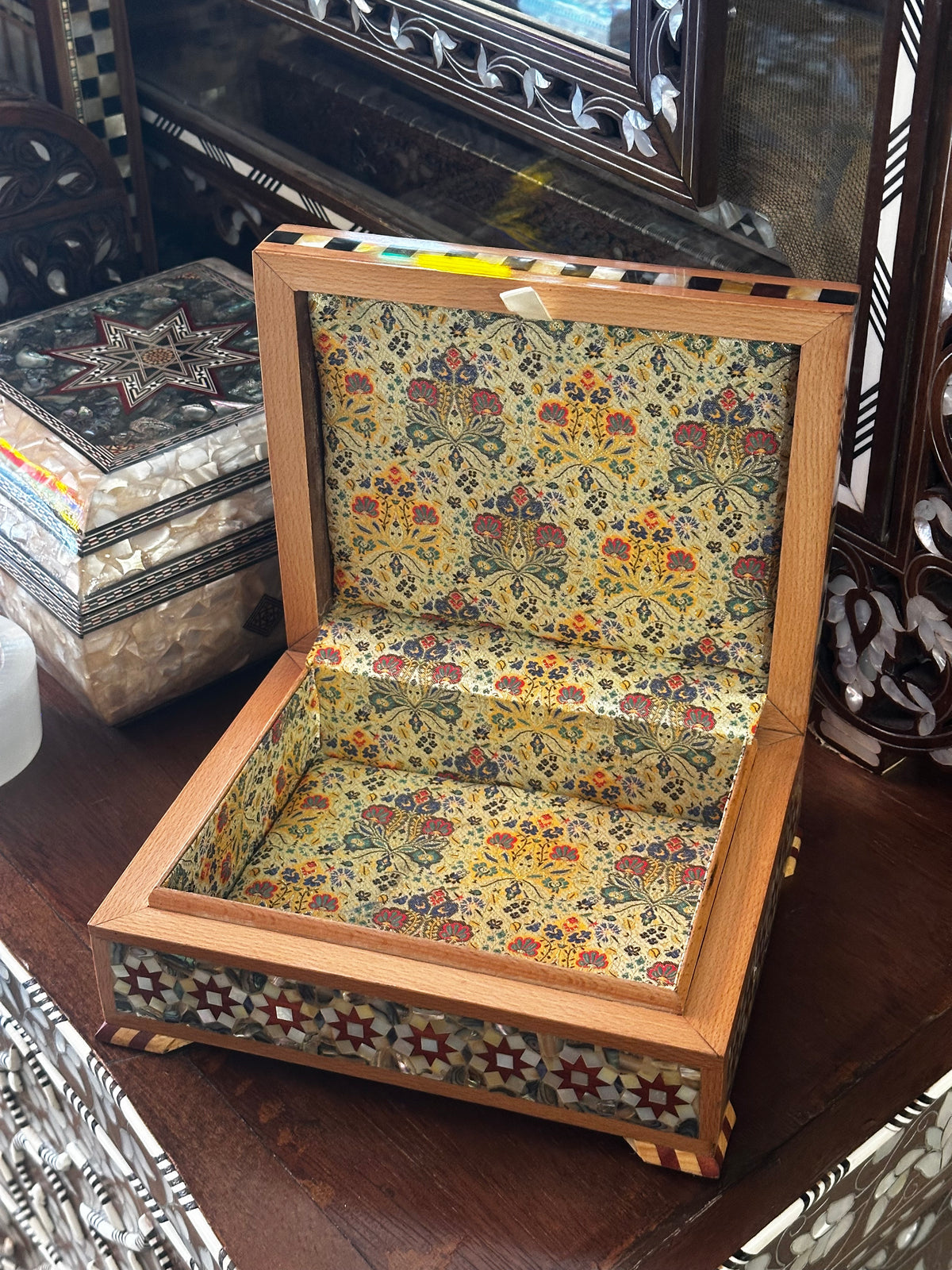 Syrian Walnut Wood & Brocade Box check availability by WhatsApp +971 56 432 2880