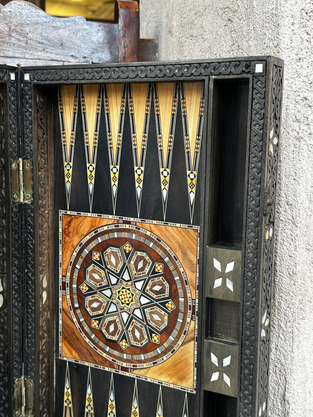 1 of 1 Luxury Handcrafted Walnut Backgammon Table – Mother of Pearl & Damascus Mosaic