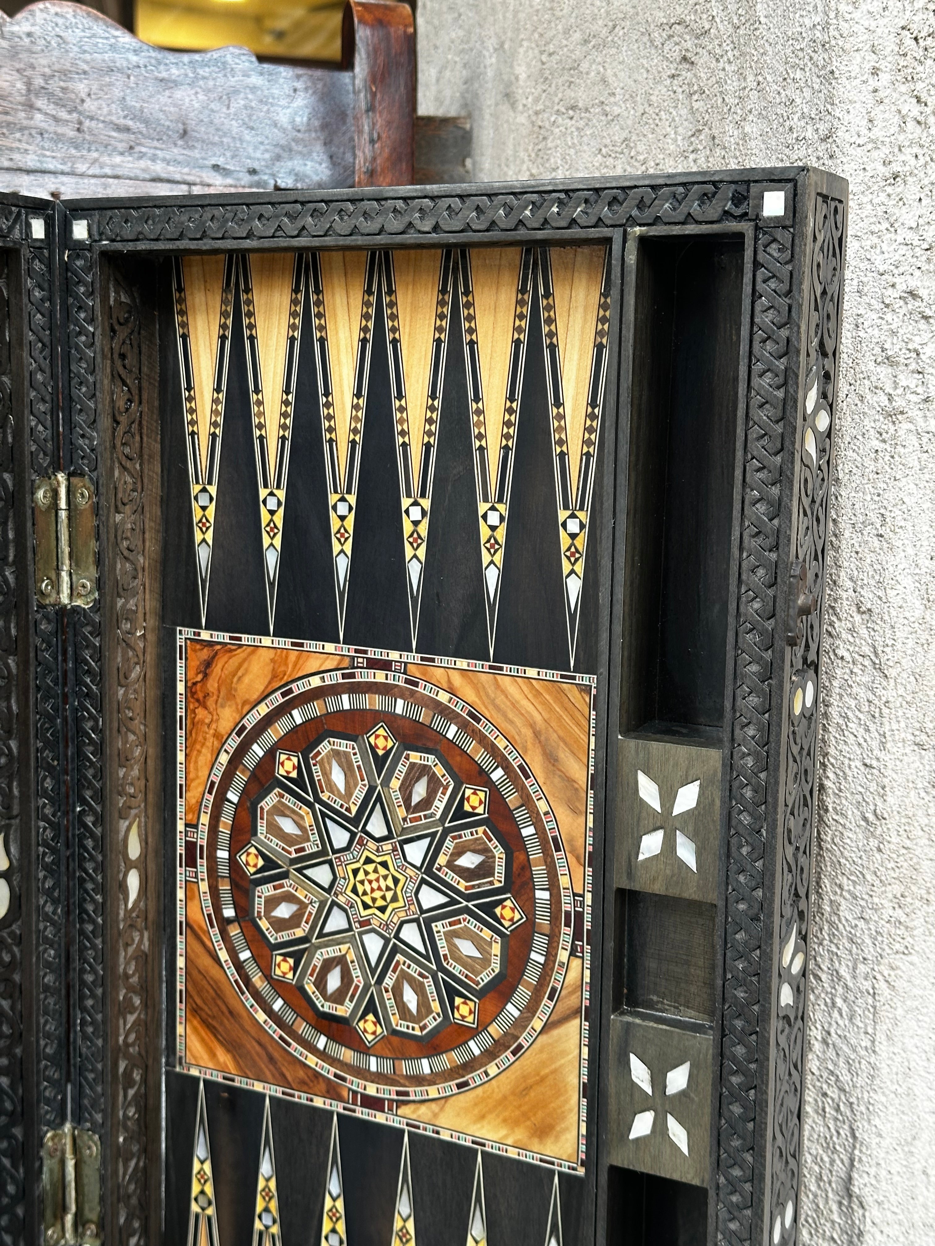 1 of 1 Luxury Handcrafted Walnut Backgammon Table – Mother of Pearl & Damascus Mosaic