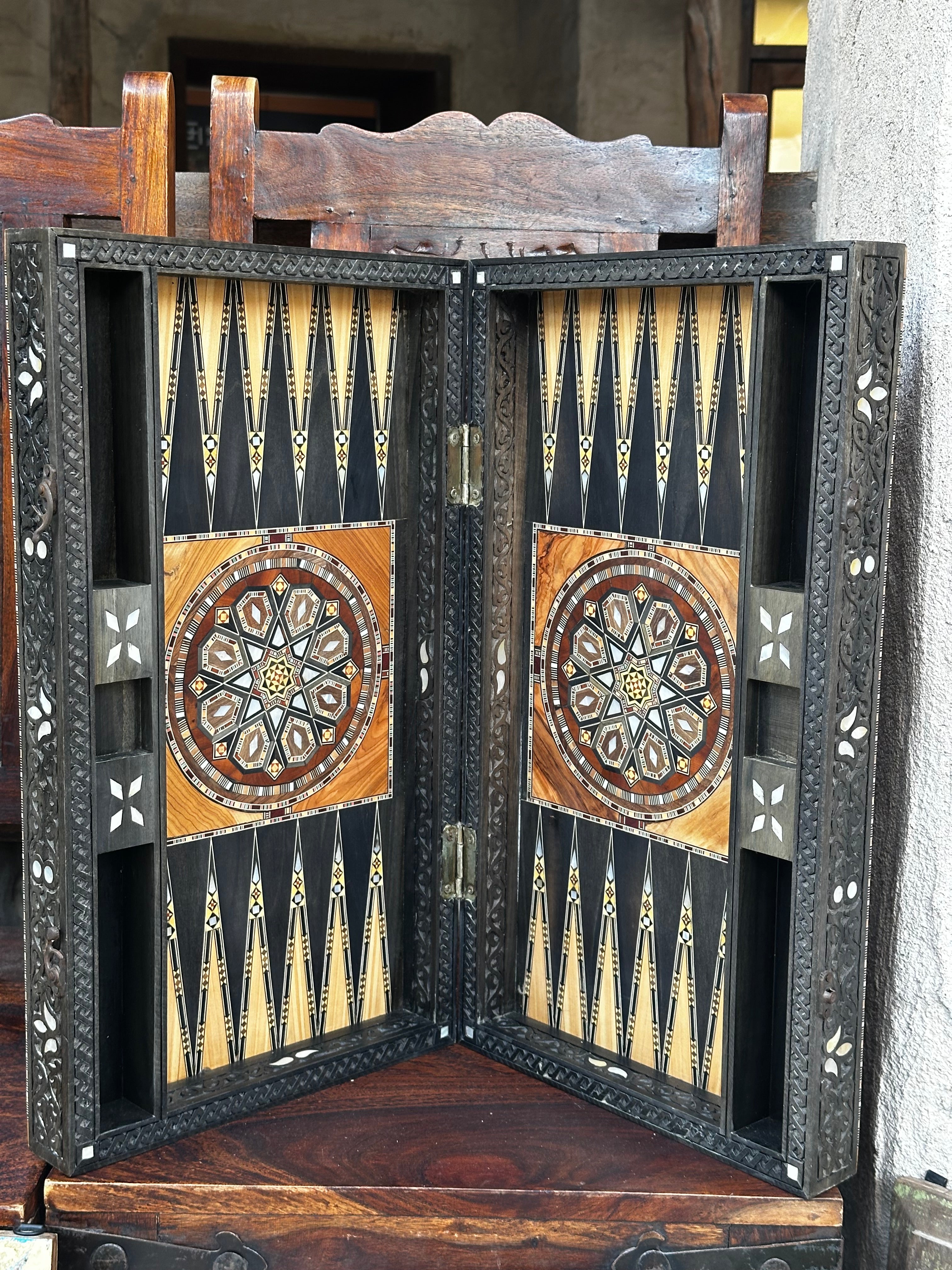 1 of 1 Luxury Handcrafted Walnut Backgammon Table – Mother of Pearl & Damascus Mosaic