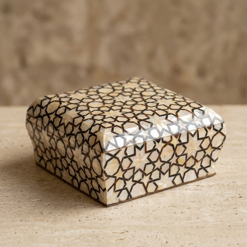 Handmade Jewelry Box – white and black  Mother of Pearl ; Damask Brocade