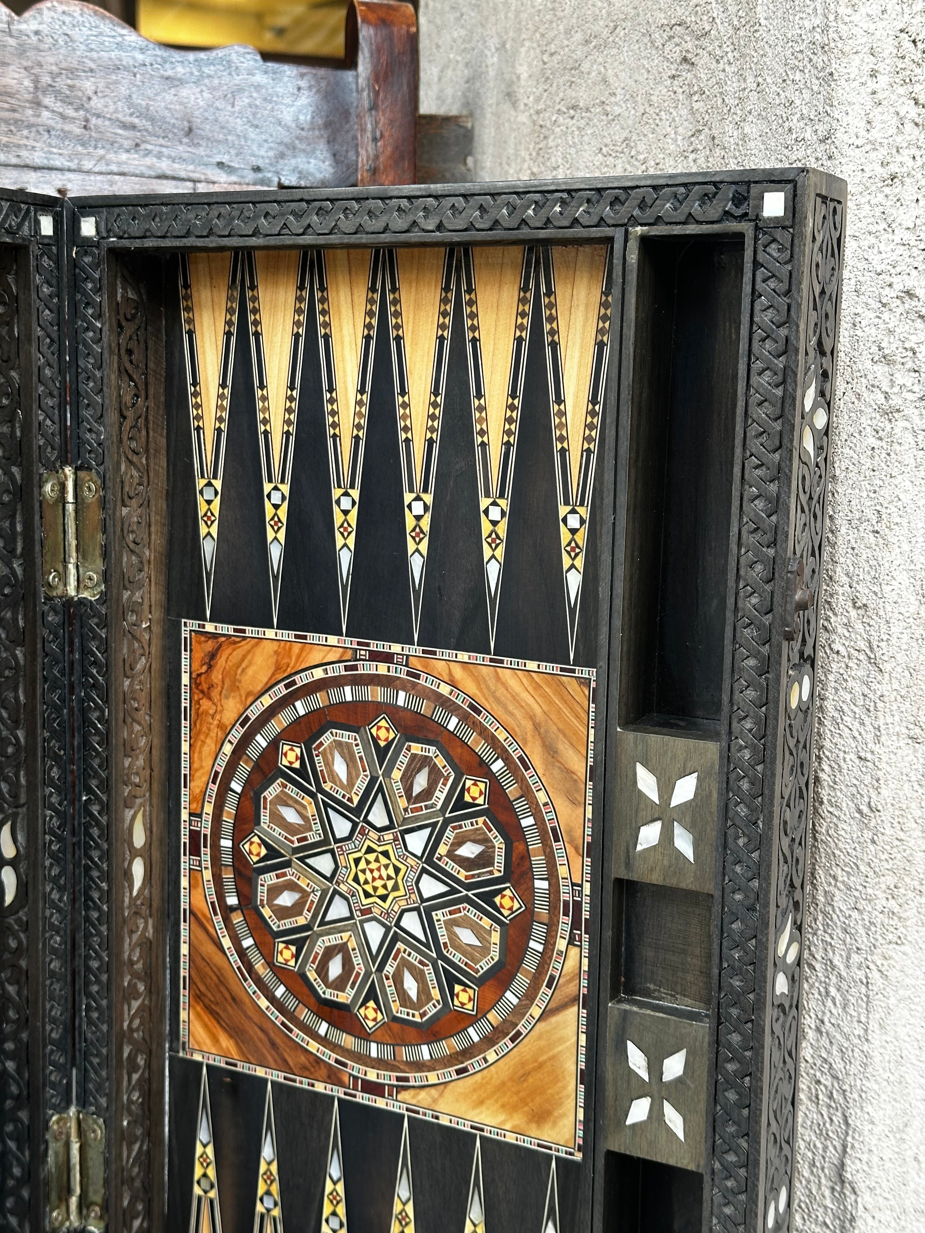 1 of 1 Luxury Handcrafted Walnut Backgammon Table – Mother of Pearl & Damascus Mosaic
