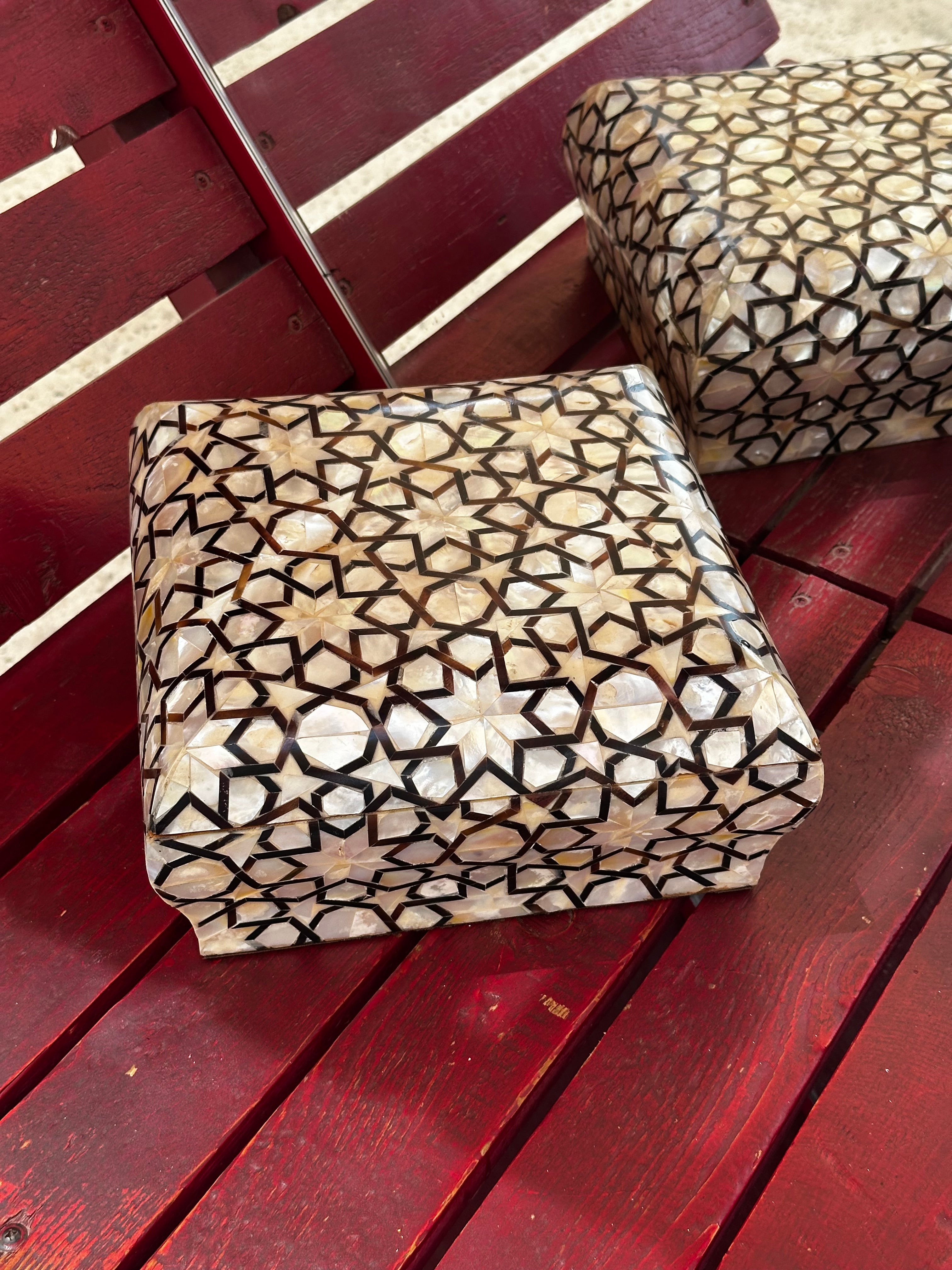Handmade Jewelry Box – white and black  Mother of Pearl ; Damask Brocade
