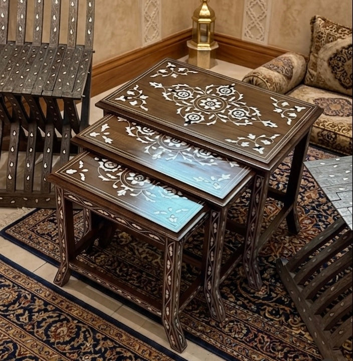 Naqsh & Sadaf – Handmade walnut Wood Tea Table Set with Mother of Pear