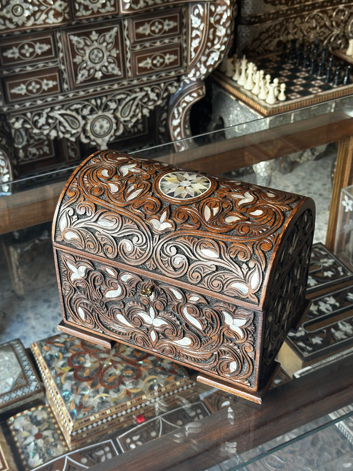 Handcrafted Syrian Walnut Box with Fatimid Carving, Mother-of-Pearl & Brocade