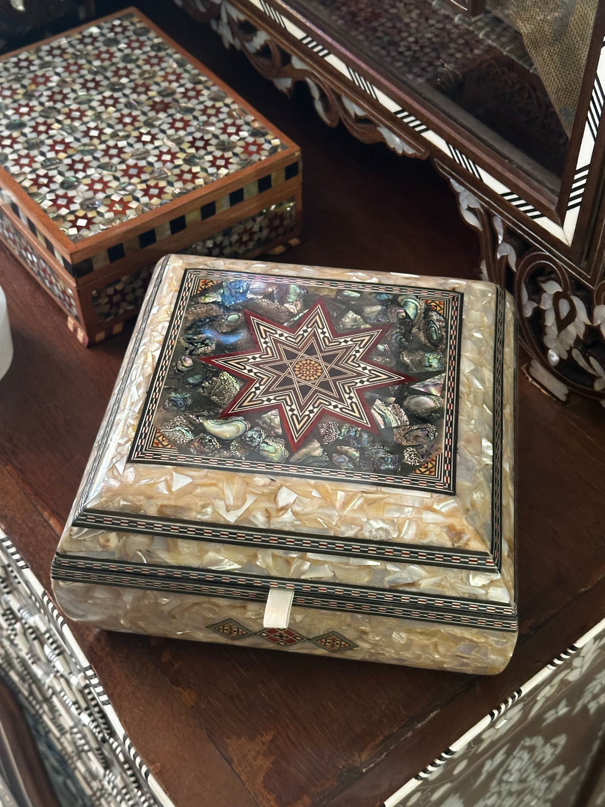 Syrian Walnut, Resin & Mother-of-Pearl Box check the availability by WhatsApp +971 56 432 2880