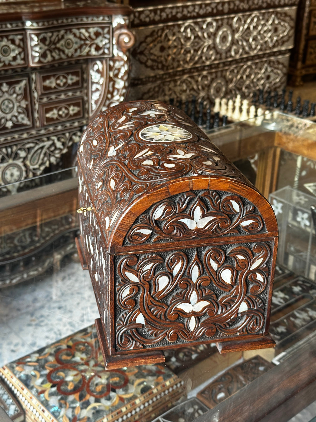 Handcrafted Syrian Walnut Box with Fatimid Carving, Mother-of-Pearl & Brocade