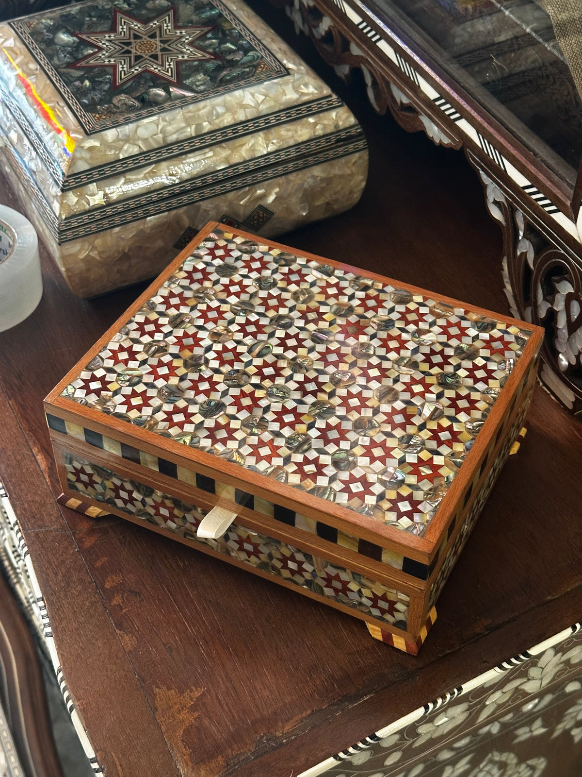 Syrian Walnut Wood & Brocade Box check availability by WhatsApp +971 56 432 2880