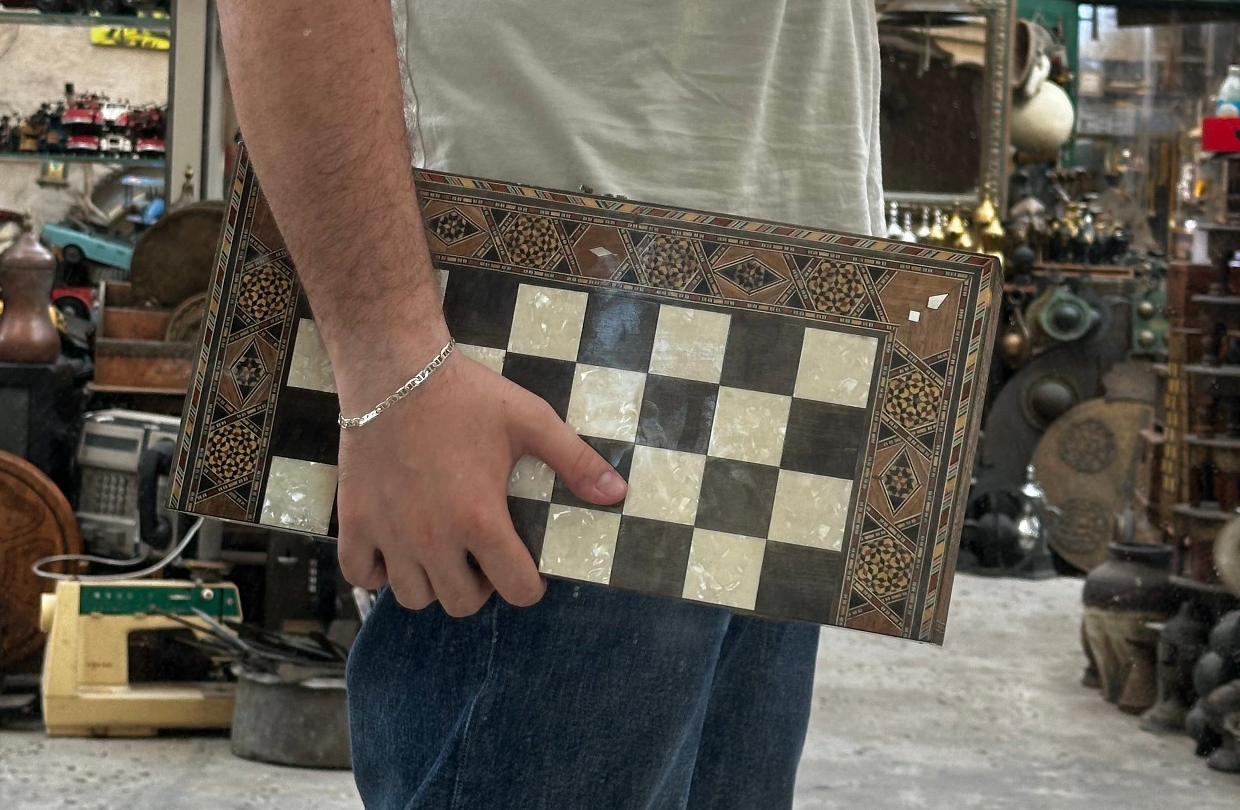 Damascene Mosaic Chess & Backgammon Table – 40 × 40 cm