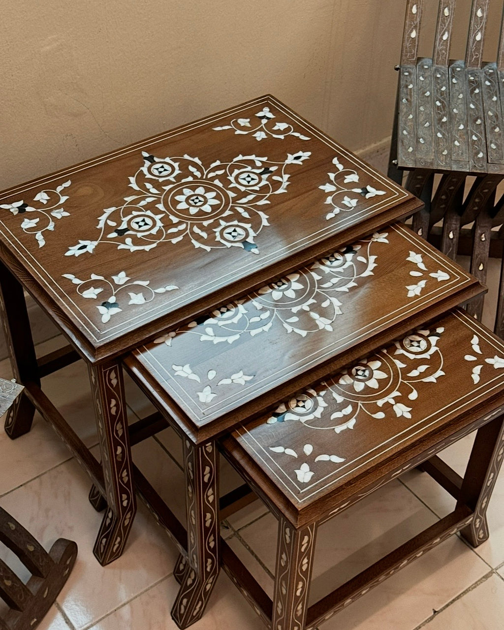 Naqsh & Sadaf – Handmade walnut Wood Tea Table Set with Mother of Pear