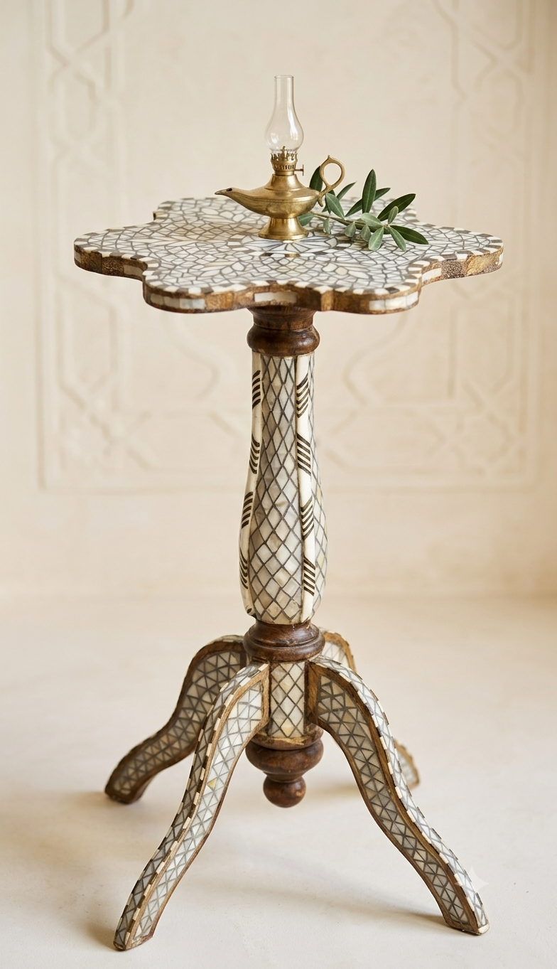 Handmade Syrian Mother of Pearl Inlay Side Table | Walnut Wood & Tin Wire Art