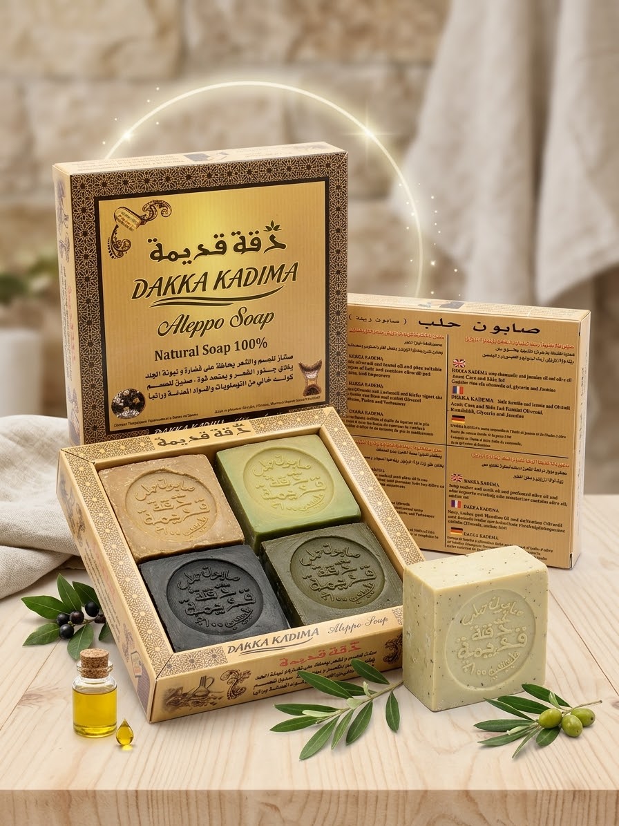 مجموعة صابون حلب الطبيعي للزينة والعناية – "دقة قديمة" (4 قطع متنوعة)
(Dakka Kadima Traditional Aleppo Soap Gift Set - 4 Premium Soaps)