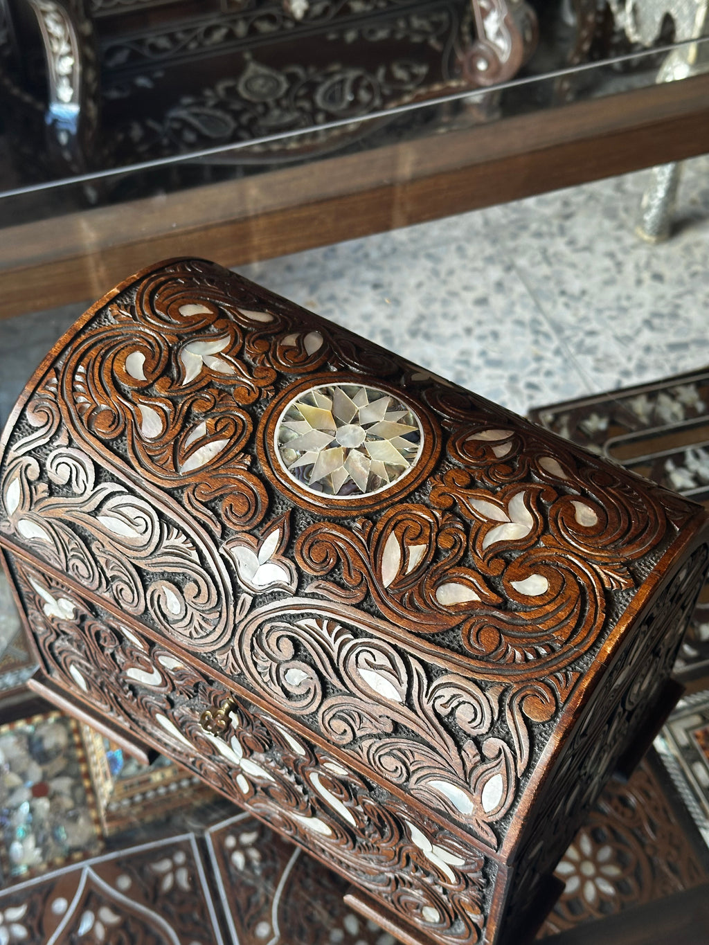 Handcrafted Syrian Walnut Box with Fatimid Carving, Mother-of-Pearl & Brocade