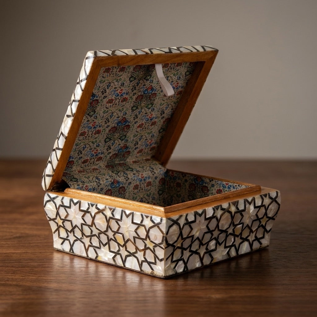 Handmade Jewelry Box – white and black  Mother of Pearl ; Damask Brocade