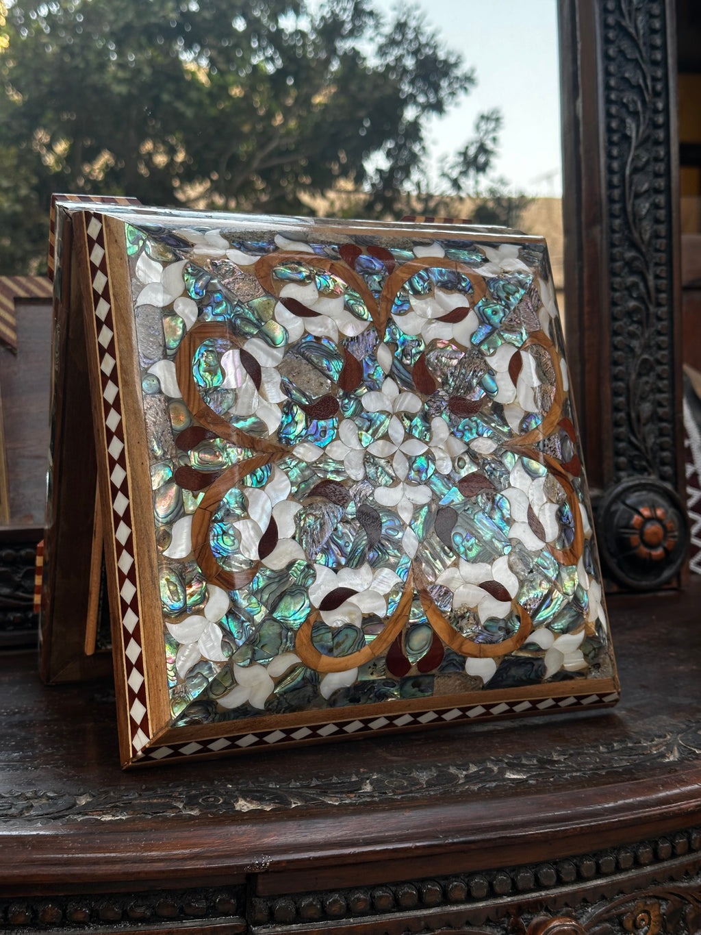 Handcrafted Wooden Box with White & Green Sea Shell Inlay (25x25 cm)