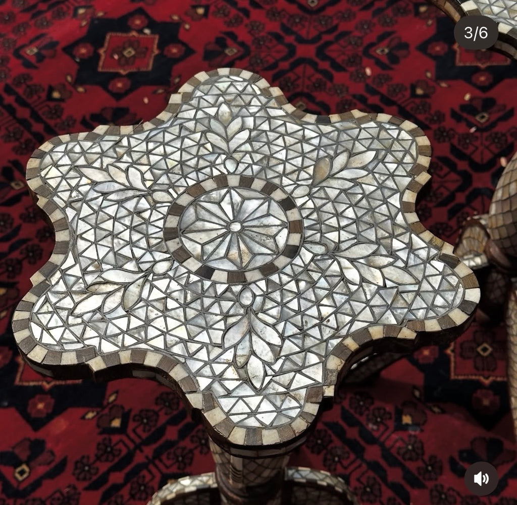 Handmade Syrian Mother of Pearl Inlay Side Table | Walnut Wood & Tin Wire Art