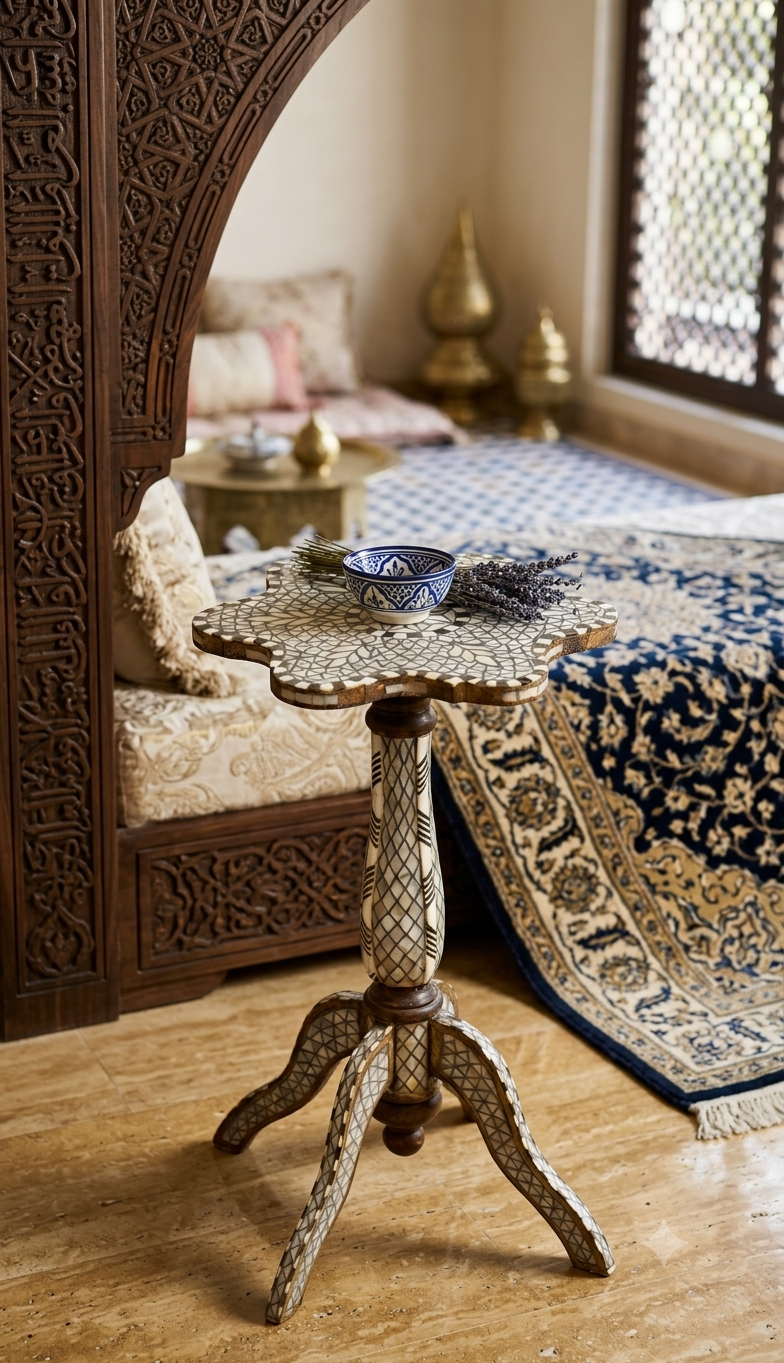 Handmade Syrian Mother of Pearl Inlay Side Table | Walnut Wood & Tin Wire Art