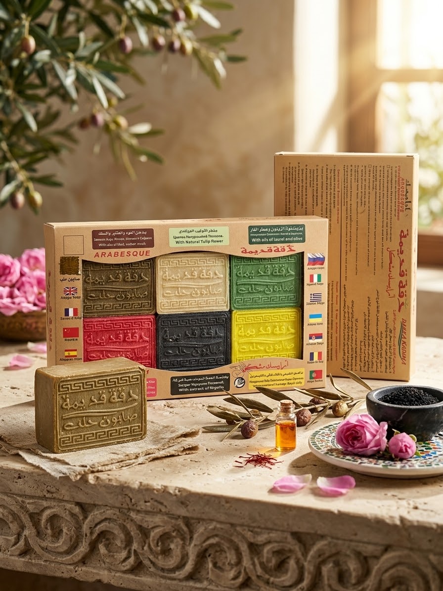 مجموعة صابون حلب "دقة قديمة" - تشكيلة أرابيسك الملكية (6 قطع ) Aleppo Soap "Dakka Kadima